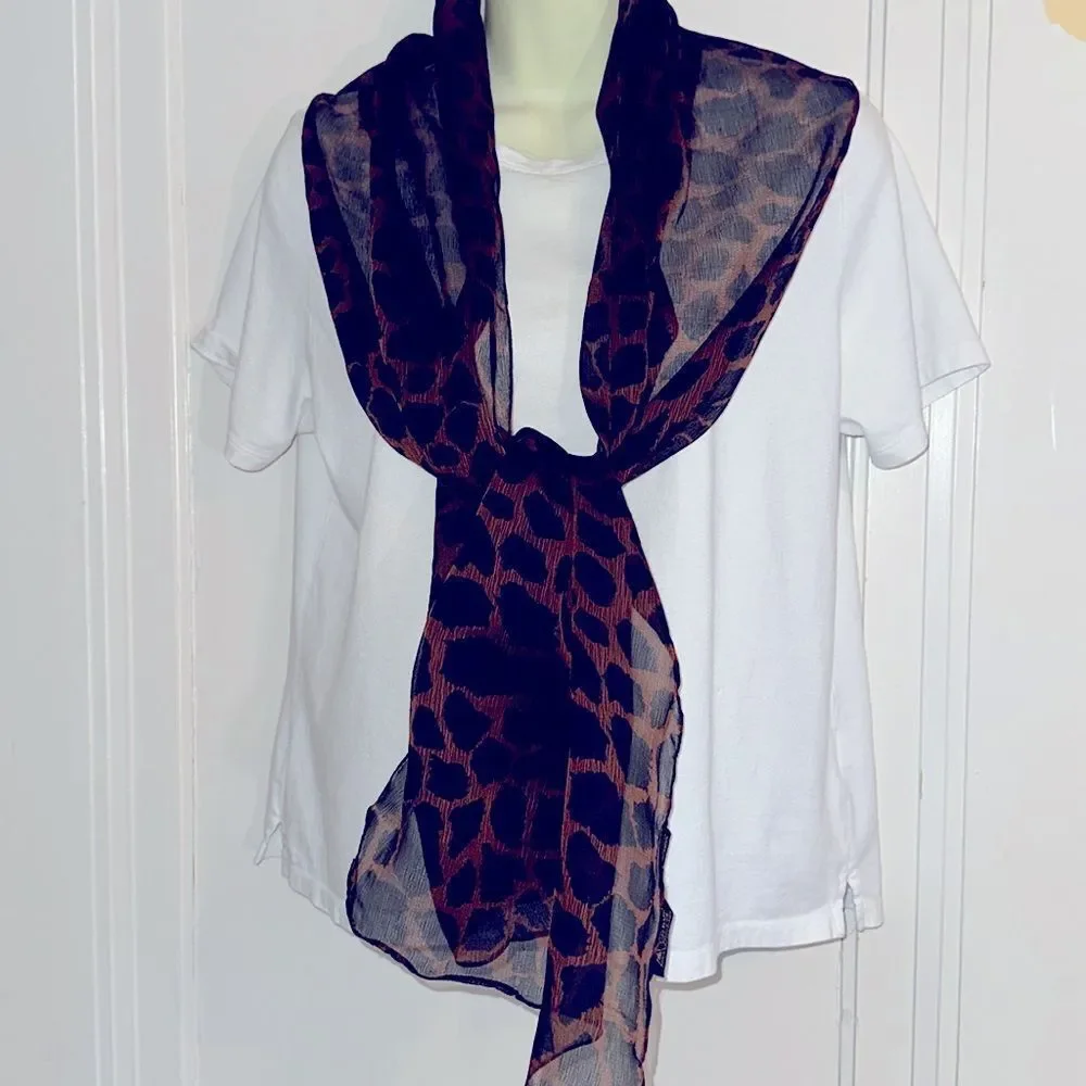 Vintage A.‎ Brod black & orange rayon animal print long semi sheer scarf